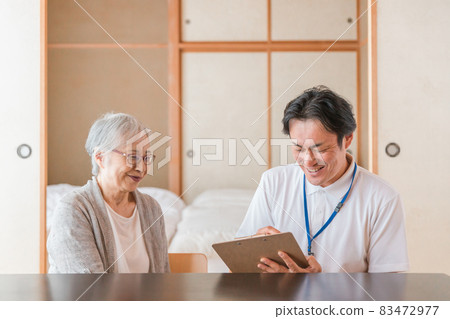 Elderly women receiving home care and safety confirmation 83472977