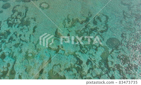 Aerial view of the beautiful ocean floor with reefs near Pantai Pandawa. Indonesia. Aerial view of the beautiful ocean floor with reefs near Pantai Pandawa. Indonesia. 83473735