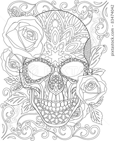 Tattoo Skull Line Drawing Surrounded By Pretty Roses And Pleasant Leaves With His Mouth Closed. Scary Sceleton Head Drawing Enclosed Beautiful Flowers. Tattoo Skull Line Drawing Surrounded By Pretty Roses And Pleasant Leaves With His Mouth Closed. Scary Sceleton Head Drawing Enclosed Beautiful Flowers. 83474042