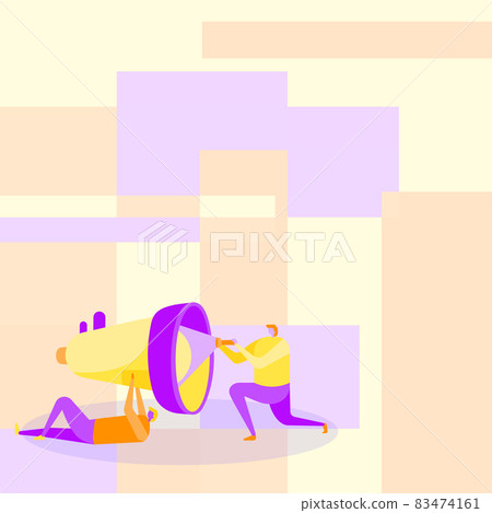 Illustration Of Workers Helping Each Other Using Flashlight To Fix Broken Megaphone. Partners Drawing Cooperating One Another With Searchlight To Repair Not Working Bullhorn. 83474161