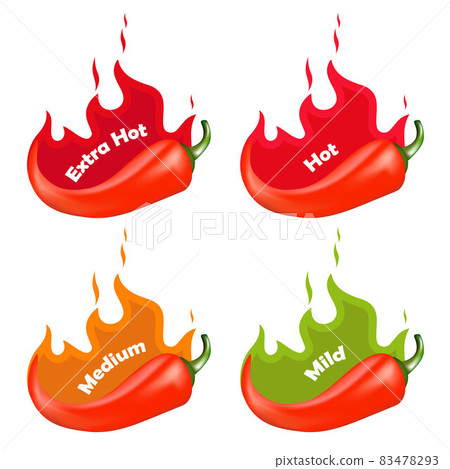 Chili Pepper Spice Levels. Hot pepper sign with fire flame for packing spicy food. Vector illustration. 83478293