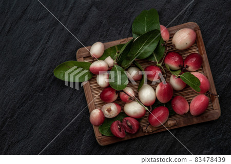 Bengal-Currants, Carandas-plum or Karonda fruit (Carissa carandas L.) sour taste fruit on wicker. Bengal-Currants, Carandas-plum or Karonda fruit (Carissa carandas L.) sour taste fruit on wicker. 83478439