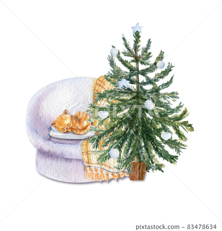 A Christmas tree near an armchair with a kitten on a pillow on a white isolated background. Watercolor illustration 83478634