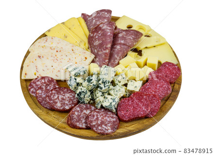 Antipasti platter with assortment of italian salami and cheese isolated on white background 83478915