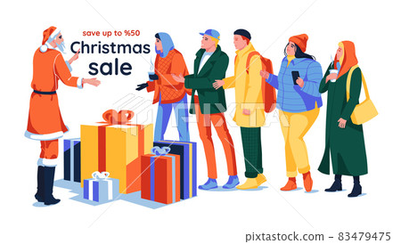 Santa Claus points out a Christmas discount for a crowd of people. Different people are waiting for gifts. Vector flat cartoon illustration. Isolated on white background Santa Claus points out a Christmas discount for a crowd of people. Different people are waiting for gifts. Vector flat cartoon illustration. Isolated on white background 83479475