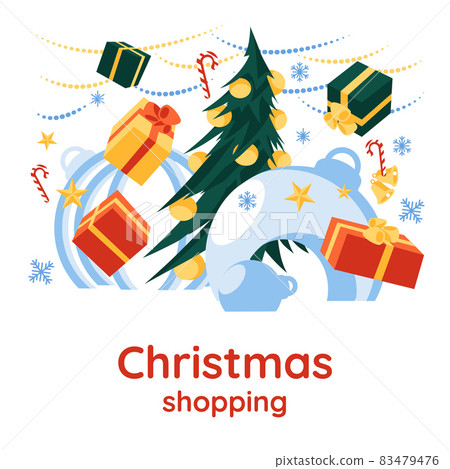 Christmas Sale Promotion banner with cute christmas tree, snowflakes, gifts, stars and big baloons on white background. Flat cartoon vector illustration. Winter holiday web Sale design, poster, party  83479476