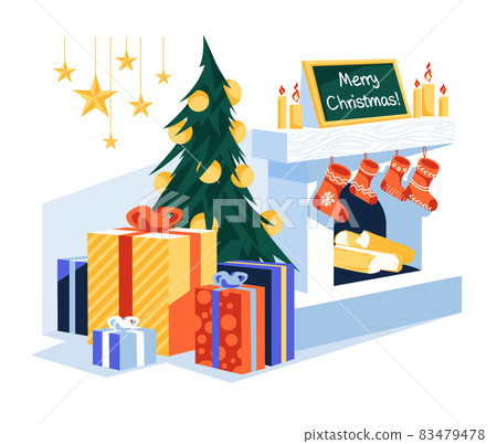 Christmas interiors of the living room with Christmas tree, gifts, stars and decorated fireplace. Happy new year celebration. Merry Christmas holiday. Flat cartoon vector illustration. Christmas interiors of the living room with Christmas tree, gifts, stars and decorated fireplace. Happy new year celebration. Merry Christmas holiday. Flat cartoon vector illustration. 83479478