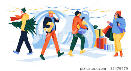 People with Christmas gifts in boxes and shopping bags for winter holidays. Men and women carry New Year presents in the mall. Flat graphic vector illustrations isolated on white People with Christmas gifts in boxes and shopping bags for winter holidays. Men and women carry New Year presents in the mall. Flat graphic vector illustrations isolated on white 83479479