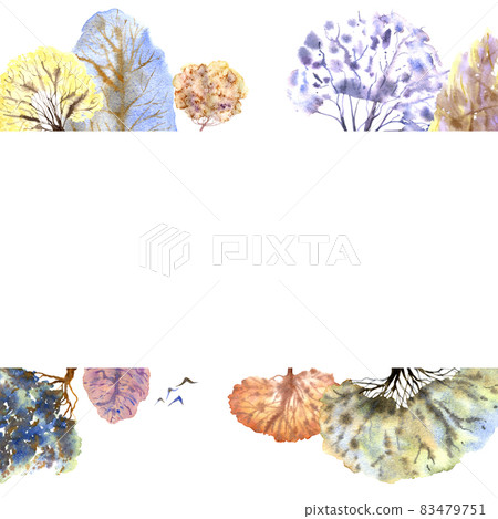 Frame of winter forest on white background. Multicolored trees. Hand drawn watercolor illustration. 83479751
