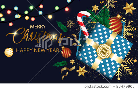 Merry Christmas and Happy New Year Gift box on blue night with text design for holiday festival celebration vector background 83479903