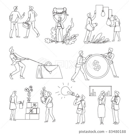 Business and startup isolated outline icons, office workers and cooperation 83480188