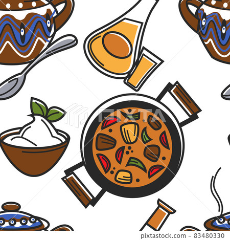 Bulgarian food and drink seamless pattern guvech and rakia 83480330