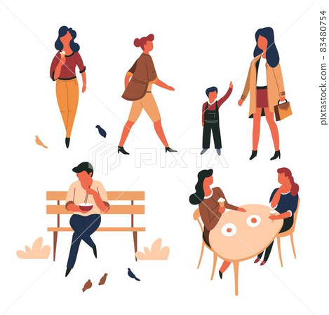 People outdoor isolated characters walking and eating at cafe or on bench People outdoor isolated characters walking and eating at cafe or on bench 83480754