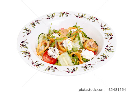 Salmon salad with green leaves cucumber and tomato on white background 83481564