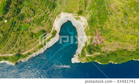 Aerial view of the small island of Nusa Penida Island from the Atuh Rija Lima shrine on Nusa Penida Island near Bali, Indonesia.Nusa Penida island aerial view beach from drone. Travel Indoneesia. 83481741