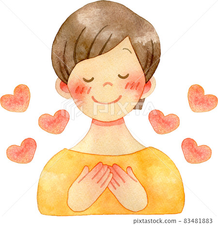 一個女人把手放在胸前閉上眼睛的水彩插圖（用心） 83481883