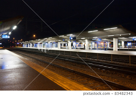 KOUVOLA, FINLAND - NOVEMBER 8, 2018: Railway station at night. KOUVOLA, FINLAND - NOVEMBER 8, 2018: Railway station at night. 83482343