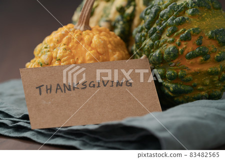 warty pumpkins with thanksgiving card closeup warty pumpkins with thanksgiving card closeup 83482565