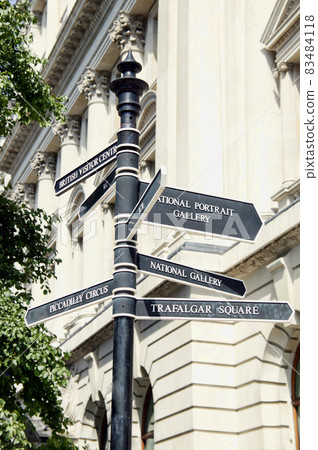 Street signpost giving directions to National Gallery, Trafalgar Square and Piccadilly Circus in London England 83484118