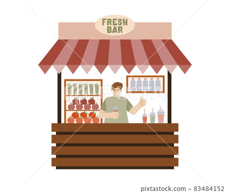 Fresh bar, a smiling salesman with a glass of freshly squeezed juice in his hand behind a wooden counter of a street stall, a kiosk with a striped canopy, shelves with fruit and bottles on the Fresh bar, a smiling salesman with a glass of freshly squeezed juice in his hand behind a wooden counter of a street stall, a kiosk with a striped canopy, shelves with fruit and bottles on the 83484152
