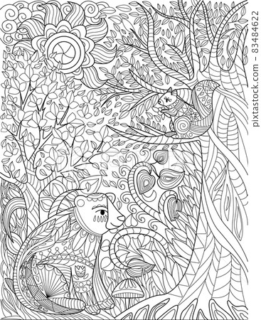 Squirrels Resting On A Wildlife Forest With Tall Trees Sun Up High Colorless Line Drawing. Wild Chipmunks Playing On Jungle Covered With Leaves Coloring Book Page. 83484622