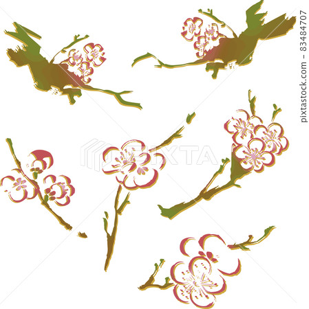 梅花、樹木、植物、自然、水墨畫、sumi-e、日本畫、日本圖案、日式、手繪模擬觸摸、水彩插圖素材 83484707