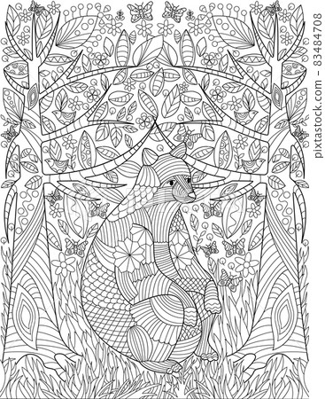 Large Rodent Sitting Between Two Trees In Forest Background With Insects Flying Colorless Line Drawing. Forest With Large Animal Coloring Book Page. 83484708