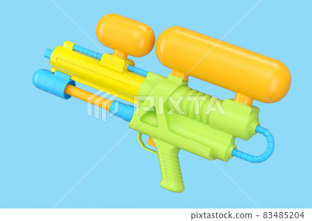 Plastic water gun toy for playing and watering in the swimming pool isolated on blue background. 3d render family pastime concept and beach activities 83485204