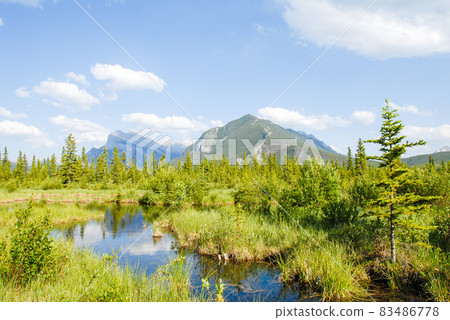 春季加拿大落基山脈班夫國家公園 Fresh Green Lake Vermilion 和 Mount Rundle（加拿大） 83486778