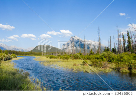 Spring Canadian Rockies Banff National Park Fresh Green Lake Vermilion and Mount Rundle (Canada) 83486805