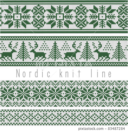 Fashionable knit pattern line set (green knit, knitting, vector, line, reindeer, knitting pattern, set,) 83487284