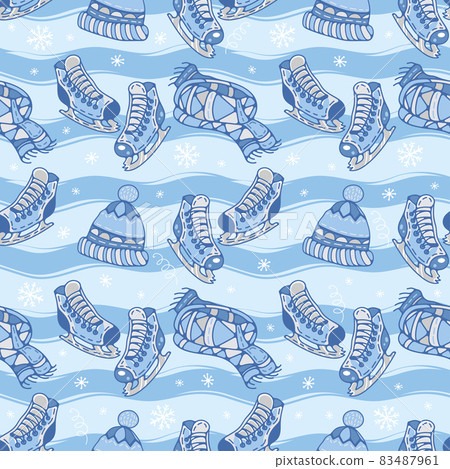 Winter seamless background. Seamless pattern with ice skates, hats, scarves. Cute illustration in blue tones. Winter seamless background. Seamless pattern with ice skates, hats, scarves. Cute illustration in blue tones. 83487961