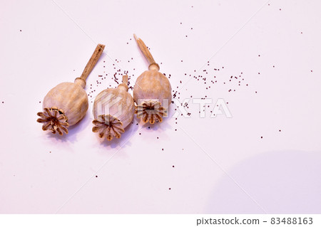 Three dry baskets of poppy seeds with scattered grains. Three dry baskets of poppy seeds with scattered grains. 83488163
