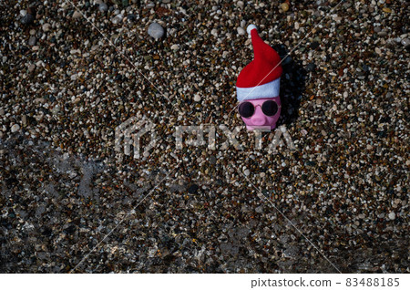 Piggy bank in a hat of santa claus and sunglasses on a pebble beach by the sea. 83488185