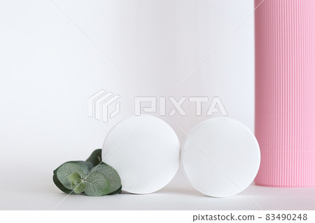 Set of cosmetic cream jars, isolated on beige or gray background with shadow and rock 83490248