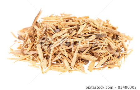 Muira Puama herbal tea, isolated on white background. Natural potency wood, medicinal plant, dry tea. Ptychopetalum olacoides. 83490302