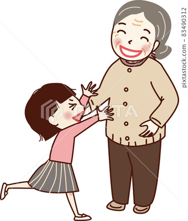 A grandson trying to hug his grandmother. 83490312
