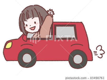 Woman waving in a car Woman waving in a car 83490761