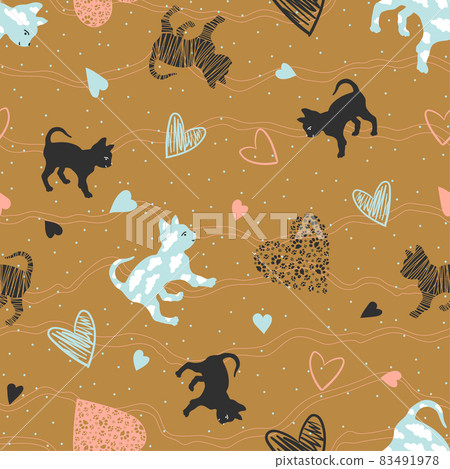 Cute little cat and dots on mustard color background. Animal seamless pattern in hand-drawn style. Cat repeated design for fabric or wallpaper. Cute little cat and dots on mustard color background. Animal seamless pattern in hand-drawn style. Cat repeated design for fabric or wallpaper. 83491978