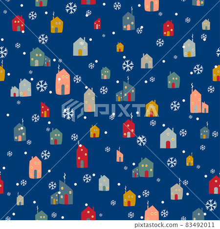 Cute childlike homes and snowflakes. Christmas background for party or gifts. Vector 83492011