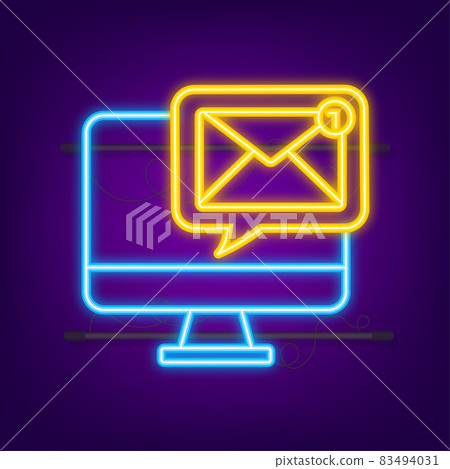 Email notification concept. Neon icon. New email. E-mail Marketing. Notification bell. Vector illustration Email notification concept. Neon icon. New email. E-mail Marketing. Notification bell. Vector illustration 83494031