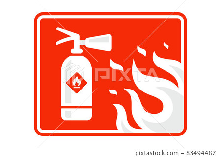 informative red sticker fire extinguisher and flame. 83494487