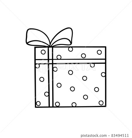 Christmas gift box with ribbon and bow red and beige vector illustration, Merry Christmas and Happy New Year festive traditional winter holiday decor, ornament for poster, greeting card, sticker 83494511