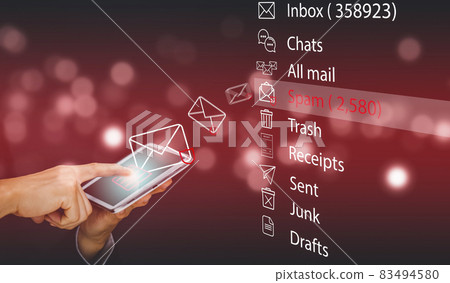 Email concept with laptop spam and virus computer monitor internet security concept, Businessman touch bin mail with a laptop. Spam, junk and e-marketing on screen, Spam Email Pop-up Warning. Email concept with laptop spam and virus computer monitor internet security concept, Businessman touch bin mail with a laptop. Spam, junk and e-marketing on screen, Spam Email Pop-up Warning. 83494580