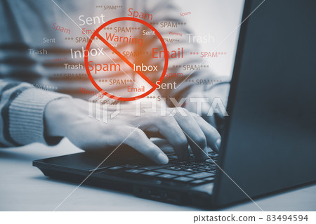 Email concept with laptop spam and virus computer monitor internet security concept, businessman reading electronic mail with a laptop. Spam, junk and e-marketing on-screen, Spam Email Pop-up Warning. Email concept with laptop spam and virus computer monitor internet security concept, businessman reading electronic mail with a laptop. Spam, junk and e-marketing on-screen, Spam Email Pop-up Warning. 83494594