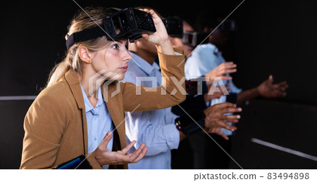 Woman using virtual reality headset and gesturing Woman using virtual reality headset and gesturing 83494898