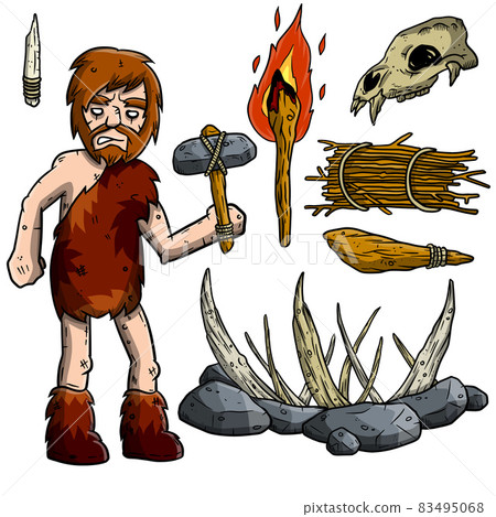 Cave primitive man and weapons. Set of items for hunting. 83495068