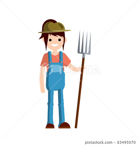 Woman farmer in overalls with fork in hands. Rural type of work. Production of natural food in the village. Girl with tools. Cartoon flat illustration 83495070