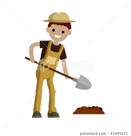 Man farmer with a shovel digs the ground bed. Man farmer with a shovel digs the ground bed. 83495071