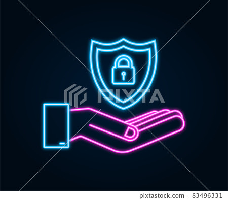 Neon cyber security vector logo with shield and check mark. Hands holding cyber secure sign. Internet security. Vector illustration. 83496331